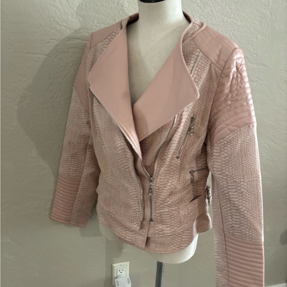 Honey Pot Women's Pink Vegan Leather Snakeskin Moto Jacket sz L NWT